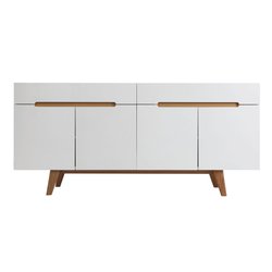 Buffet scandinave blanc brillant et finition bois clair 4 portes 2 tiroirs L180 cm MELKA MILIBOO image