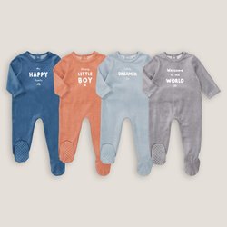 Pack of 4 Sleepsuits in Slogan Print Velour LA REDOUTE COLLECTIONS image