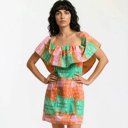 Vestido curto com folho com estampado de cornucópias LA REDOUTE COLLECTIONS
