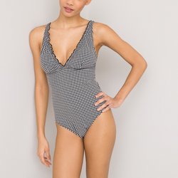 Купальник-фуляр цельный из жатой ткани в клетку виши LA REDOUTE COLLECTIONS image