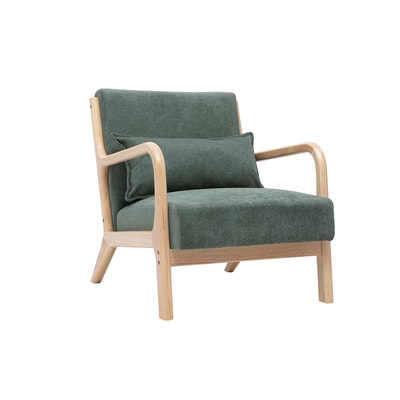 Fauteuil scandinave en tissu chenille vert kaki et bois clair massif DERRY MILIBOO