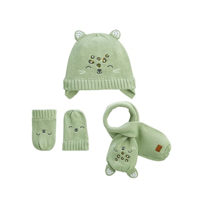 Ensemble bonnet, moufles et écharpe bébé en tricot Boavista PETIT BEGUIN