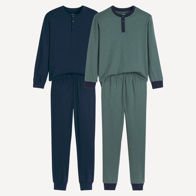 Lot de 2 pyjamas en coton à col tunisien, uni et rayé LA REDOUTE COLLECTIONS