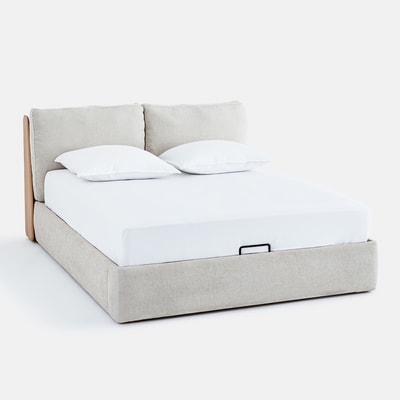 Lit double coffre, avec sommier relevable, en chêne et plaqué, ILOSS AM.PM