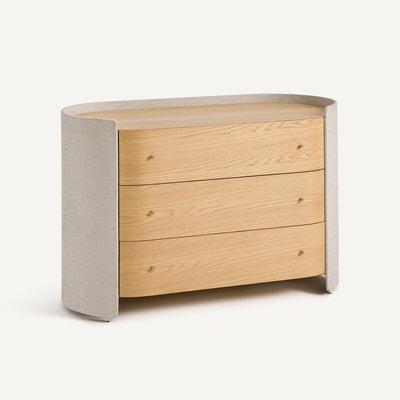 Commode 3 tiroirs, plaqué chêne et tissu natté, Firmo AM.PM