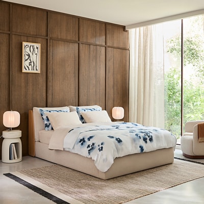Lit double coffre, avec sommier relevable, en chêne et plaqué, ILOSS AM.PM