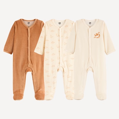 3-pack pyjamasoveraller i velour med dinosaurietryck och knäppning framtill LA REDOUTE COLLECTIONS