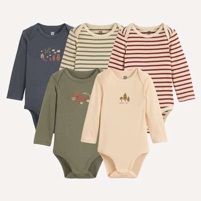 Zestaw 5 bawełnianych body z długim rękawem i wycięciami na ramionach, z nadrukiem w niedźwiedzie/paski LA REDOUTE COLLECTIONS
