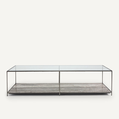 Salontafel in gehard glas en travertijn, Buren AM.PM