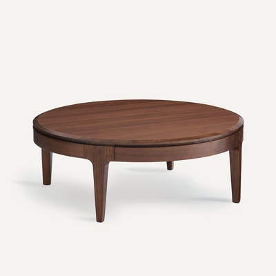 Table basse ronde, en noyer massif et plaqué, 2 tiroirs, SANARA AM.PM
