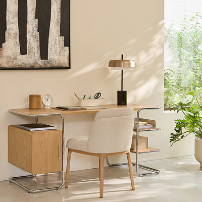 Emlyn Oak Veneer Tubular Desk, Length 155cm AM.PM