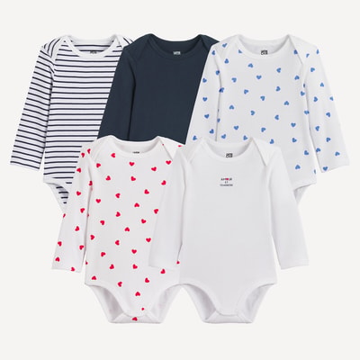 Set van 5 katoenen rompertjes met lange mouwen en Amerikaanse mouwinzetten, met hartjes LA REDOUTE COLLECTIONS