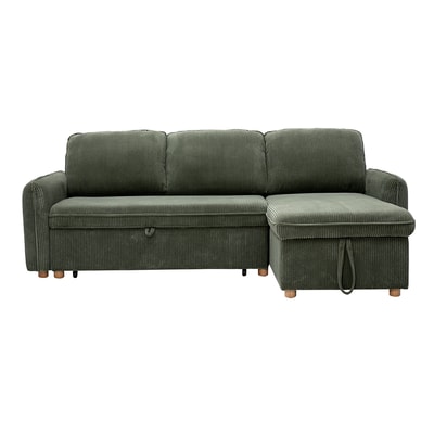 Canapé d'angle convertible réversible avec coffre 3 places en tissu velours côtelé vert kaki et bois clair ORSO MILIBOO
