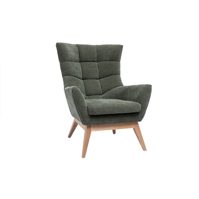 Fauteuil scandinave en tissu chenille bleu canard et bois clair BRODY MILIBOO