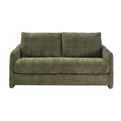 Canapé convertible 2 places en tissu effet velours texturé vert kaki PAULIN MILIBOO