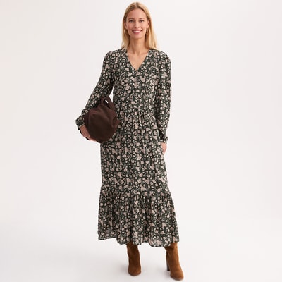 Langärmeliges langes Kleid mit Rüschen, Blumenprint ANNE WEYBURN
