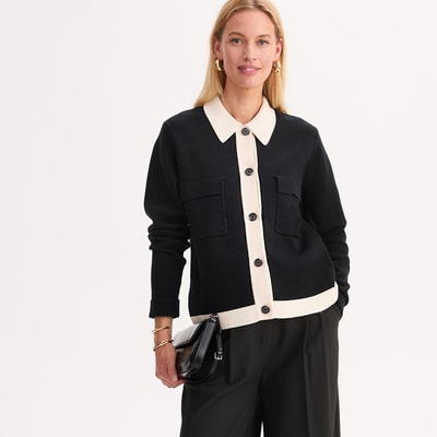Cardigan mit Polokragen aus zweifarbigem Baumwoll-Woll-Interlock ANNE WEYBURN