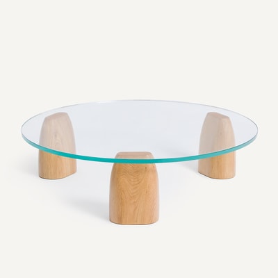 Table basse ronde tripode en chêne et verre, Clay AM.PM