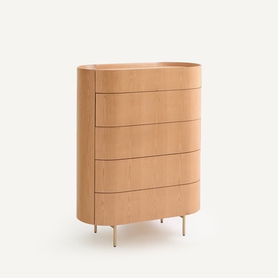 Commode chiffonnier, 5 tiroirs, en chêne massif et plaqué, ASLEN AM.PM