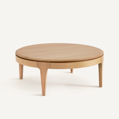 Table basse ronde, en chêne massif et plaqué, 2 tiroirs, SANARA AM.PM