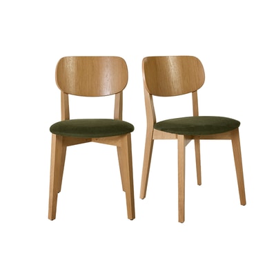 Chaises vintage en bois clair chêne et tissu effet velours texturé vert kaki (lot de 2) LUCIA MILIBOO