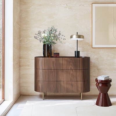 Commode 3 tiroirs plaqué noyer et cuir, Aslen AM.PM