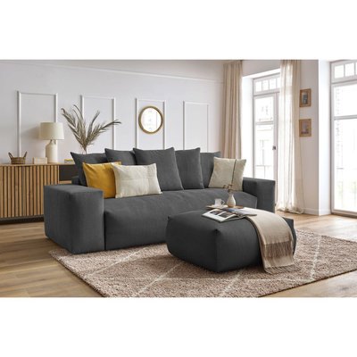 Canapé droit convertible 4 places en velours côtelé avec pouf, VOLTAIRE BOBOCHIC