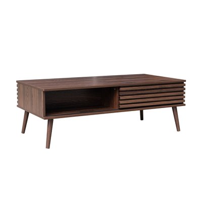 Table basse scandinave rectangulaire décor bois rainuré 1 porte coulissante MADERE SWEEEK