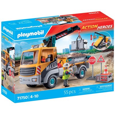 Heroes Camion de chantier avec grue et ouvrier et accessoires PLAYMOBIL