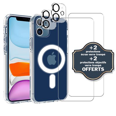 Coque Anti-choc compatible Magsafe pour Iphone 12 Mini Transparente + 2 protections écran et 2 protections objectif caméra EVETANE