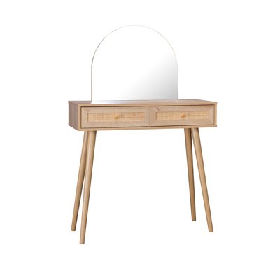 Coiffeuse décor bois et cannage miroir arrondi 2 tiroirs BOHEME SWEEEK