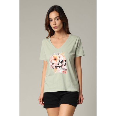 T-shirt femme exotique à manches courtes et au col v à 100% coton TROPISKULL DEELUXE
