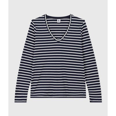Le Droit Cotton T-Shirt in Breton Striped Jersey with Long Sleeves and V-Neck PETIT BATEAU
