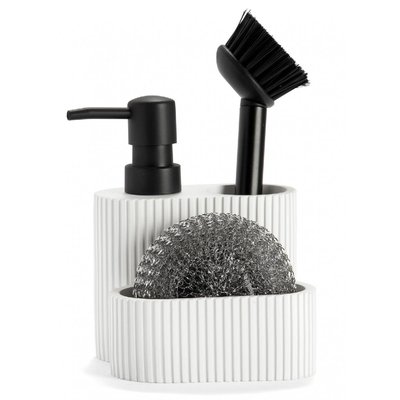 Distributeur liquide vaisselle + porte éponges polyrésine blanc et noir - 11.5x11x19cm WADIGA