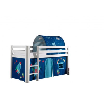 PINO Lit sureleve en pin massif avec sommier + Rideau et tunnel de lit Space VIPACK