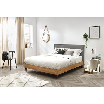 Lit en MDF Tissu avec pieds en bois wengé, CARA BOBOCHIC