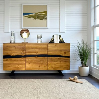 Buffet moderne bois recyclé teck laque noire BARBADE PIER IMPORT