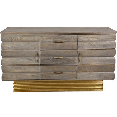 Buffet bois courbé 2 portes 3 tiroirs finition greywash et laiton RECOLLECTION