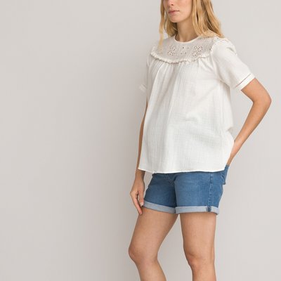Cotton Maternity Blouse with Embroidered Ruffled Bib Front LA REDOUTE COLLECTIONS