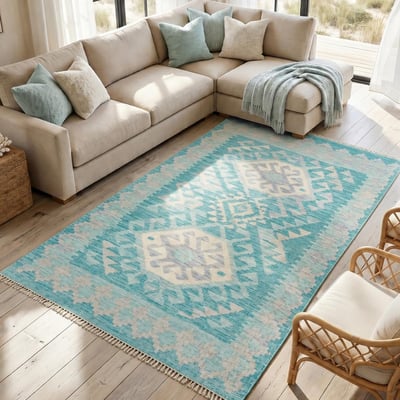 Tapis d'orient, motif géométrique authentique, tissé à plat, KILIM 15 UN AMOUR DE TAPIS
