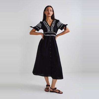 Robe midi brodée unie en coton BIO GOTS et lin MONOPRIX
