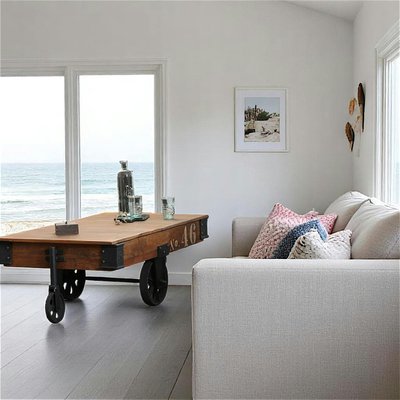 Table basse à roulettes style industriel bois recyclé et métal vintage 120x70cm LEEDS PIER IMPORT