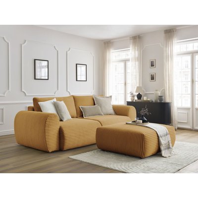 Canapé droit convertible 4 places en gros côtelé doux avec pouf, LUCIEN BOBOCHIC