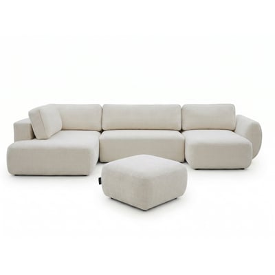 Canapé panoramique convertible 6 places en tissu texturé avec pouf, DENISE BOBOCHIC