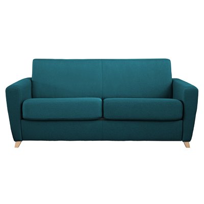 Canapé convertible 3 places en tissu bleu et bois clair avec matelas L140 cm 12 cm GRAHAM MILIBOO