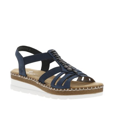 Sandales compensés en cuir bleu marine, trépointe cordée et bandes élastiquées RIEKER