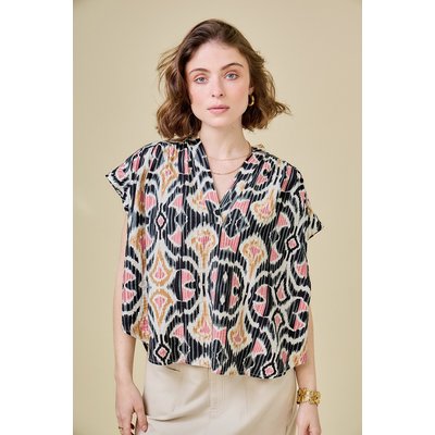 Printed Short Sleeve Blouse with V-Neck SEE U SOON