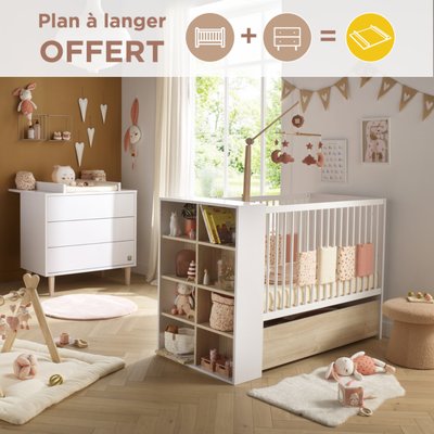 Chambre bébé, Lit 120x60 évolutif et Commode à langer 3 tiroirs SAUTHON