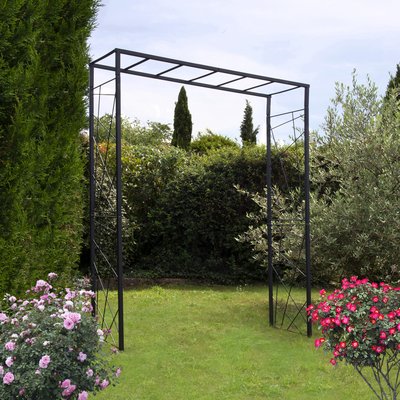 Arche de jardin Mandala en acier anthracite tubes carrés grand modèle + 4 supports poteaux à enfoncer CEMONJARDIN