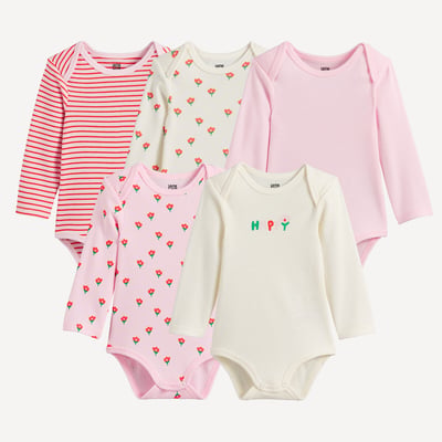 Set di 5 body con scollo americano a manica lunga, in cotone, con motivi floreali e a righe LA REDOUTE COLLECTIONS